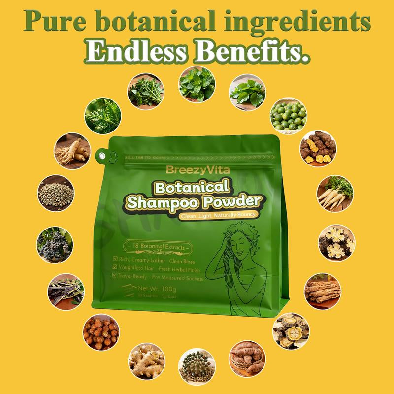 Breezyvita Botanical Shampoo Powder 100% Plant-Based Formula · Gentle Cleansing · Fresh and Non-Greasy · Nourishes Scalp and Hair · Suitable for All Hair Types