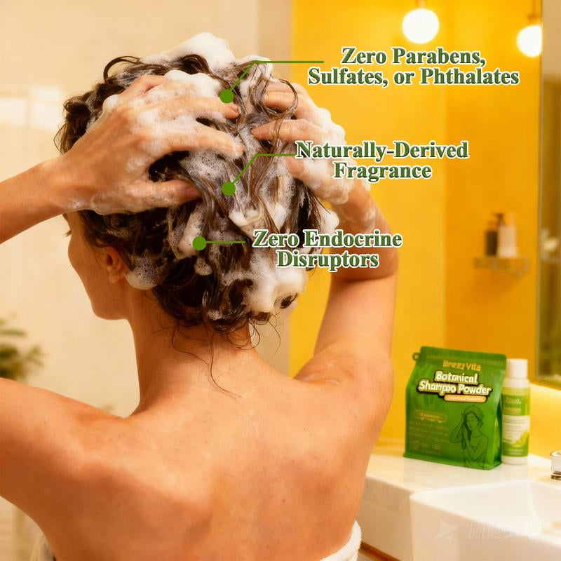 Breezyvita Botanical Shampoo Powder 100% Plant-Based Formula · Gentle Cleansing · Fresh and Non-Greasy · Nourishes Scalp and Hair · Suitable for All Hair Types
