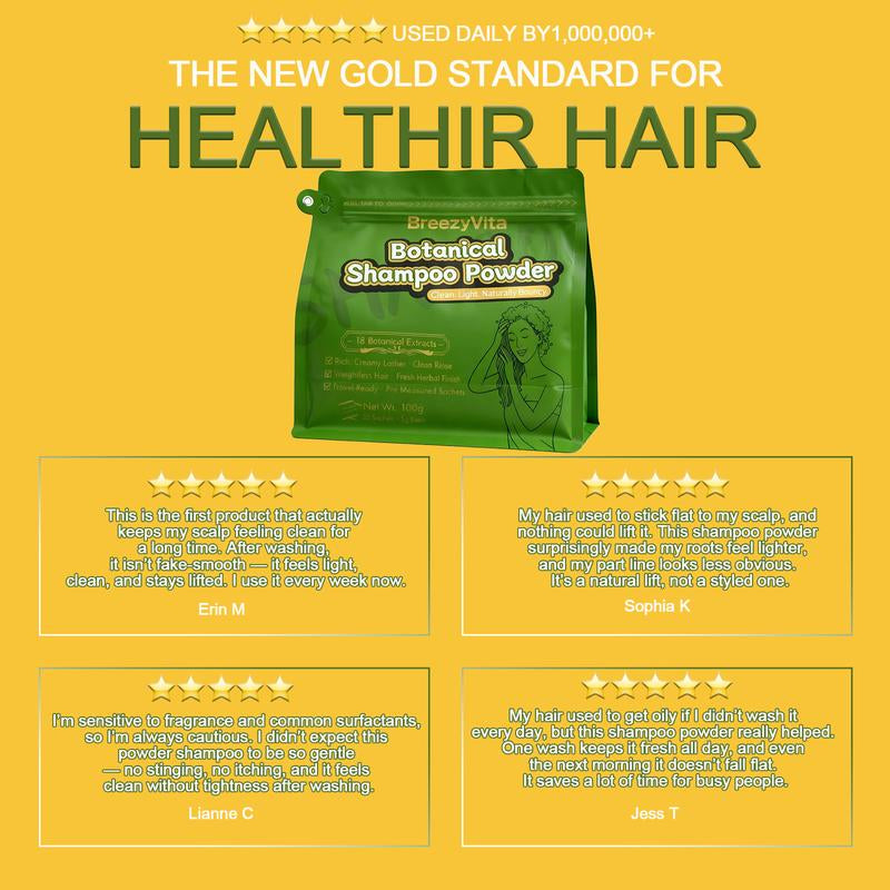 Breezyvita Botanical Shampoo Powder 100% Plant-Based Formula · Gentle Cleansing · Fresh and Non-Greasy · Nourishes Scalp and Hair · Suitable for All Hair Types