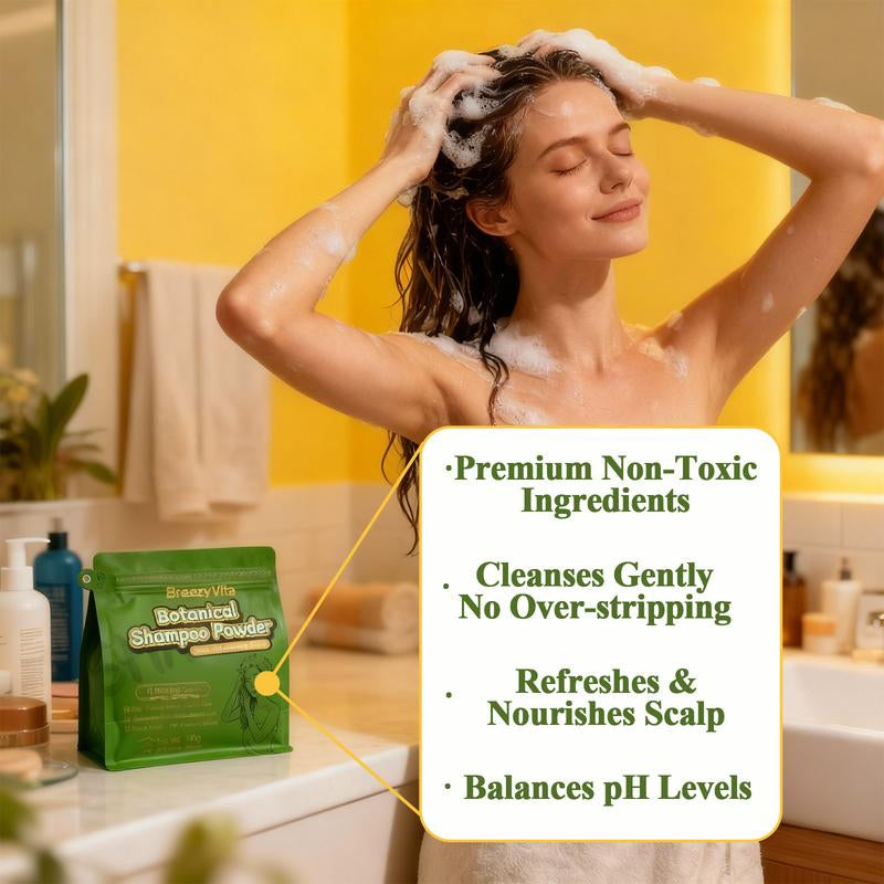 Breezyvita Botanical Shampoo Powder 100% Plant-Based Formula · Gentle Cleansing · Fresh and Non-Greasy · Nourishes Scalp and Hair · Suitable for All Hair Types
