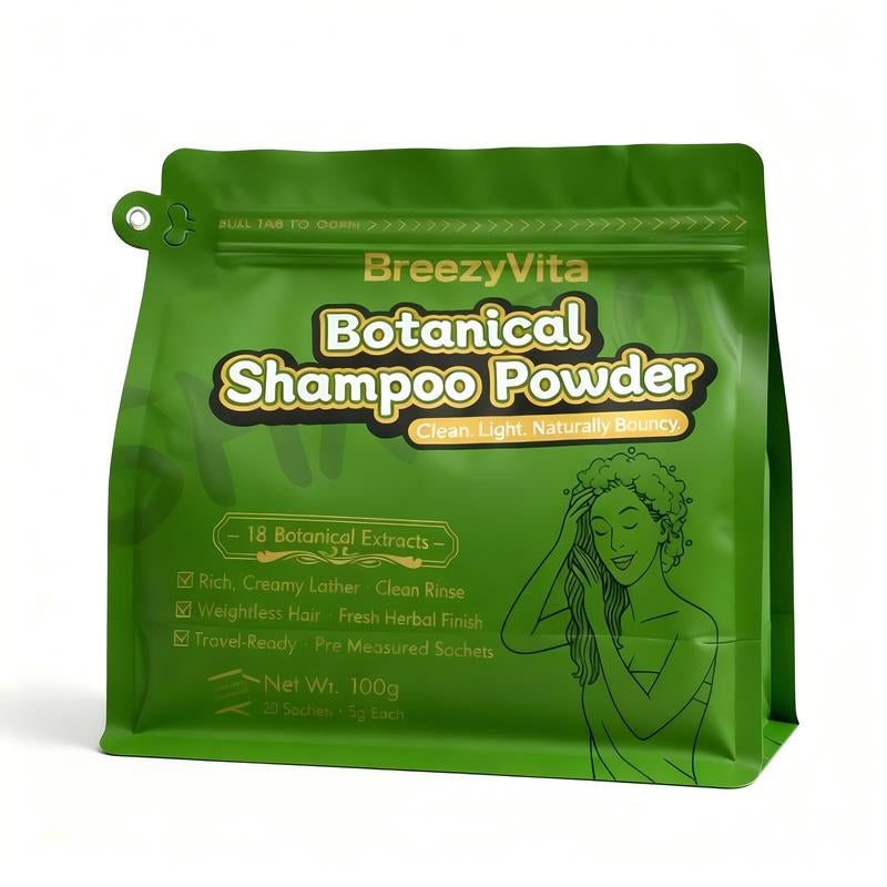 Breezyvita Botanical Shampoo Powder 100% Plant-Based Formula · Gentle Cleansing · Fresh and Non-Greasy · Nourishes Scalp and Hair · Suitable for All Hair Types