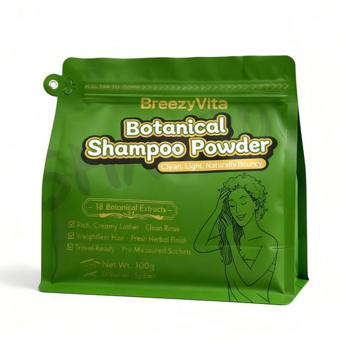 Breezyvita Botanical Shampoo Powder 100% Plant-Based Formula · Gentle Cleansing · Fresh and Non-Greasy · Nourishes Scalp and Hair · Suitable for All Hair Types